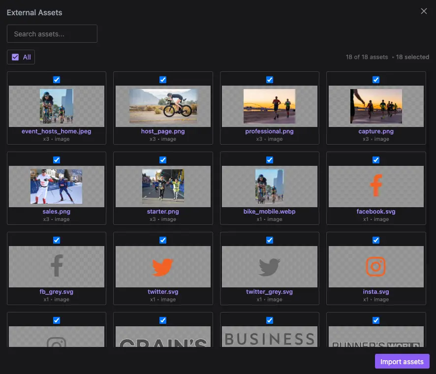 Grapes Studio asset manager with external files selected and ready for import